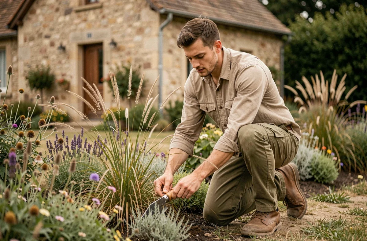 Jardinier de Virgile Espaces Verts plantant des graminées ornementales le long d'une bordure naturelle devant une maison en pierre de Gironde