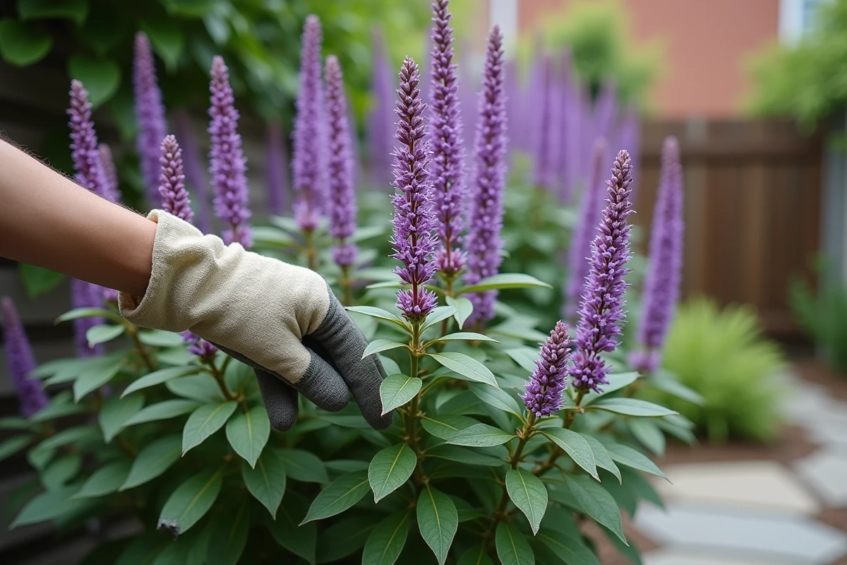 Gros plan de fleurs violettes sur un arbre Vitex agnus-castus avec main gantée dans un jardin urbain