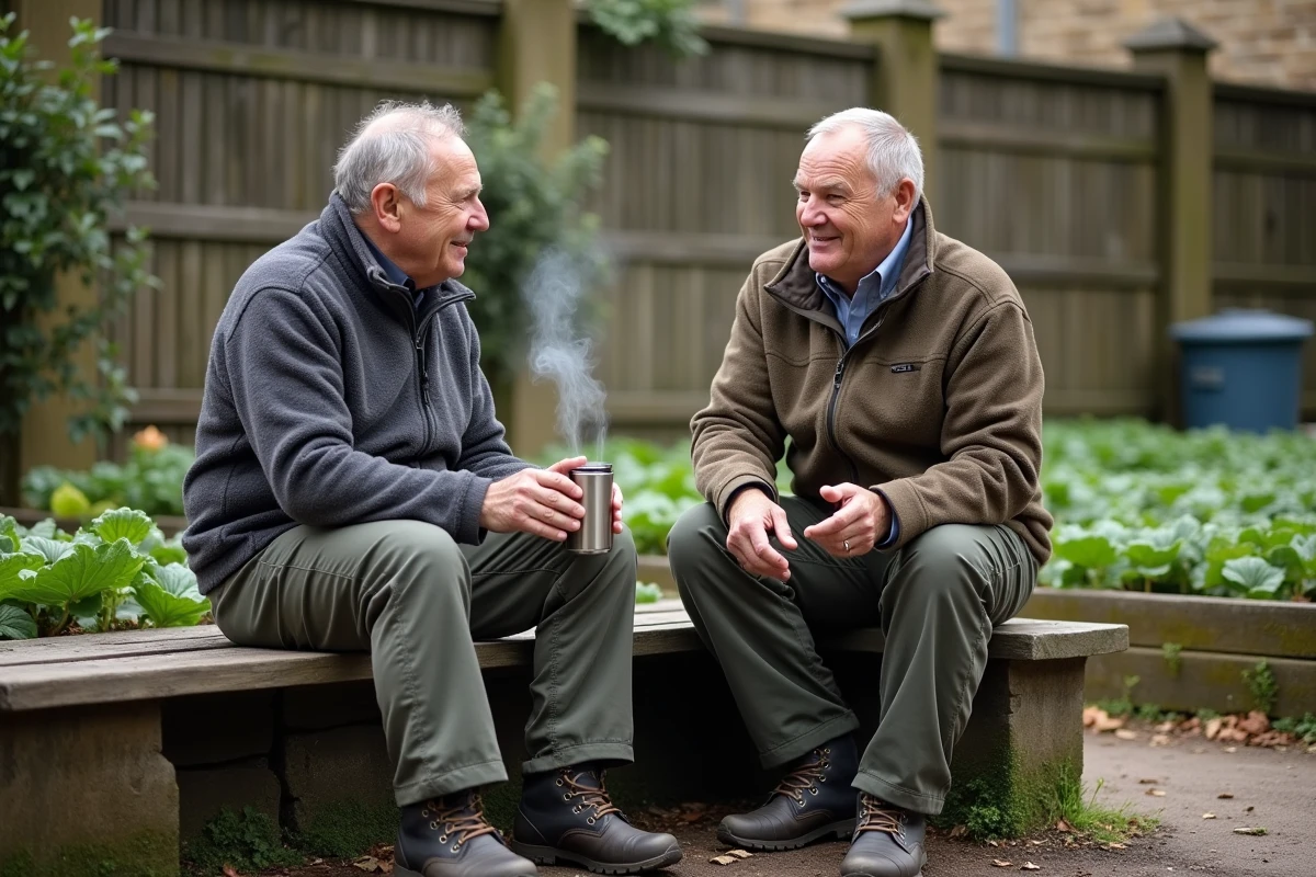 Deux hommes d'âge mûr en discussion conviviale sur un banc en bois dans un jardin potager partagé