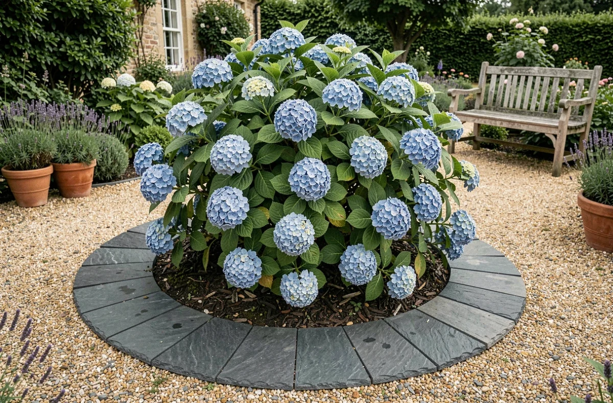 Vue d'ensemble d'un hortensia bleu entouré d'ardoises posées en cercle dans un jardin de cottage